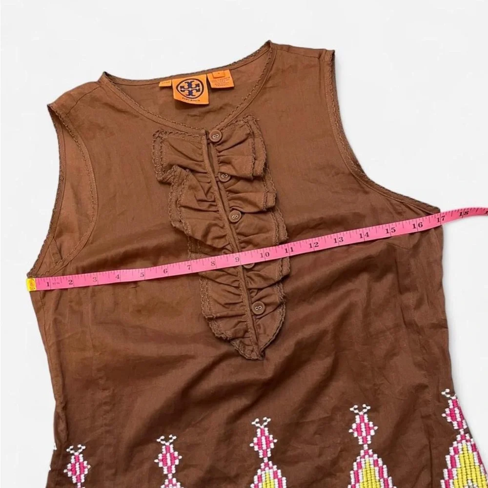 Tory Burch Brown Sleeveless Ruffle-Front Tank with Pink Yellow Embroidery Size 4